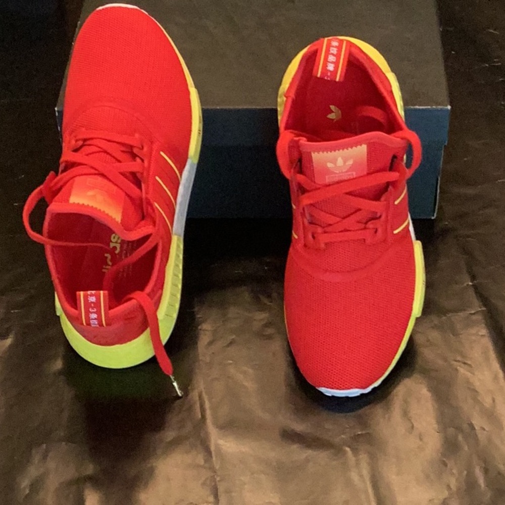 Adidas Red and Yellow Sneakers with Knit Upper.Like new